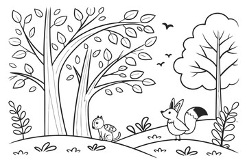 A highly detailed whimsical forest with curvy trees, hidden friendly animals (rabbits, foxes, birds), and flowing foliage, line art, coloring book page, crisp black outline, pure white background, no 