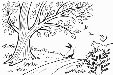 A highly detailed whimsical forest with curvy trees, hidden friendly animals (rabbits, foxes, birds), and flowing foliage, line art, coloring book page, crisp black outline, pure white background, no 