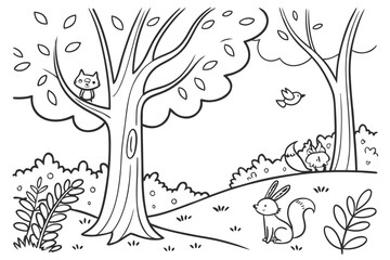 A highly detailed whimsical forest with curvy trees, hidden friendly animals (rabbits, foxes, birds), and flowing foliage, line art, coloring book page, crisp black outline, pure white background, no 