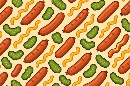 Seamless sausage pattern with pickles and mustard squiggles