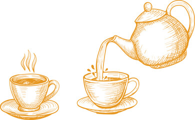 Hand-Drawn Teapot Pouring Tea into Cup Sketch
