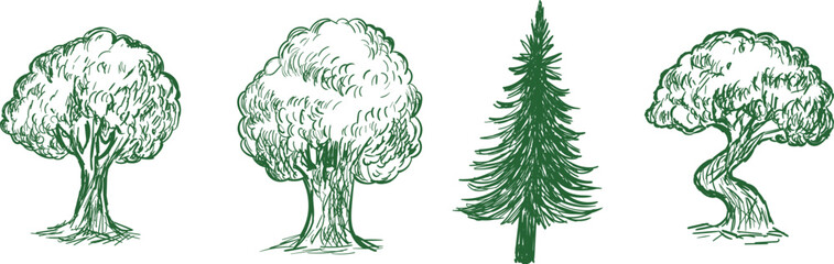 Vintage Hand-Drawn Green Tree Sketch Set
