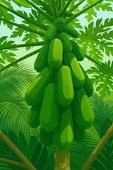 A digital illustration of a papaya tree filled with clusters of unripe green papayas surrounded by lush tropical foliage. The background features layered leaves and a soft gradient sky, creating a fre