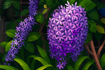 A beautiful cluster of purple flowers blooming among lush green leaves. The petals are star-shaped with soft gradients of violet and lilac, creating a sense of depth and elegance. The sunlight gently 