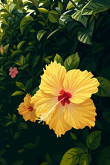 A vibrant digital illustration of a yellow hibiscus flower in full bloom, set against a lush green background of dense leaves. The flower features delicate, ruffled petals with a deep red center and a