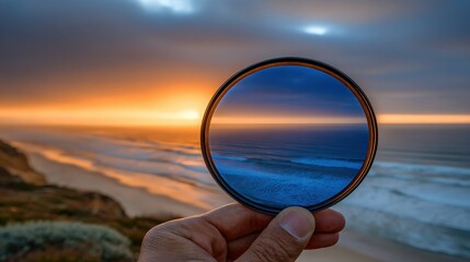 Fototapeta premium A hand holds a circular lens that reflects a stunning sunset over the ocean, showcasing vibrant colors and waves.