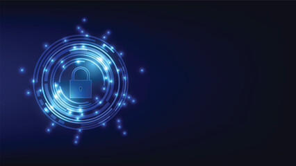 cyber security. digital pad lock with futuristic circle on blue background