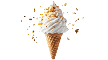 Ice cream cone with golden flakes on transparent background