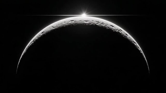 A view of the crescent moon at dawn with the sun rising over the horizon