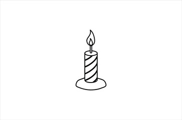 Simple black and white illustration of a lit striped candle on base