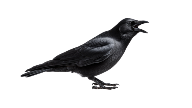 Mysterious Crow's Call: A solitary crow, with its striking black plumage, lets out a piercing cry, an avian sentinel against a clear backdrop. 