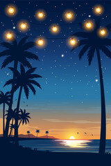 Tropical night beach with glowing string lights, palm trees, and sunset over the ocean. Relaxing summer evening vector illustration for travel, vacation, or resort themes