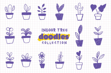 Hand Drawn Indoor Tree Doodles Icon Collection - Cute Purple Potted Plant Sketch Vector Set