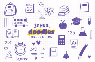 Hand-Drawn School Doodles Collection &ndash; Educational Icons, Classroom Tools & Learning Elements on Grid Background