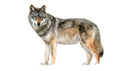 Obraz premium Noble Lone Wolf: A solitary wolf stands gracefully, its eyes fixed forward with an air of dignified strength. A captivating portrait of the wild.