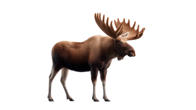  Majestic Moose in the Wild: A powerful bull moose, showcasing magnificent antlers, stands proudly. Its imposing presence evokes the untamed beauty of nature.