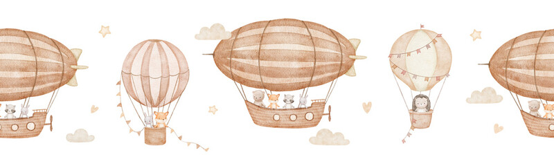 Seamless watercolor border with hot air balloons and zeppelin, hand drawn repeating illustrations with cute baby animals © Elena