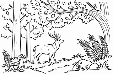 A serene woodland scene featuring a majestic stag standing among detailed oak trees, ferns, and various mushrooms, line art, coloring book page for adults, single continuous black line on white backgr