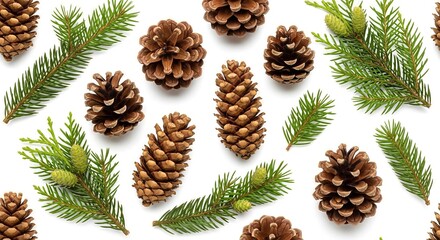 Arrangement of pinecones and green spruce branches against a clean white backdrop