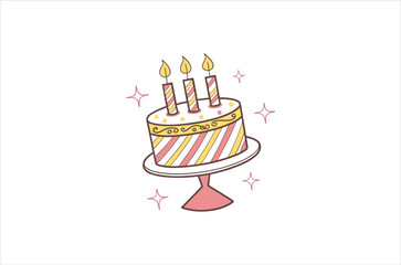 A delightful hand drawn birthday cake with three lit candles sparkles