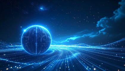 Obraz premium Luminous sphere on a path amidst a star-filled, cloud-streaked blue sky, enhanced with digital elements