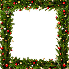 Festive Christmas wreath frame with red ornaments and twinkling lights isolated on transparent background
