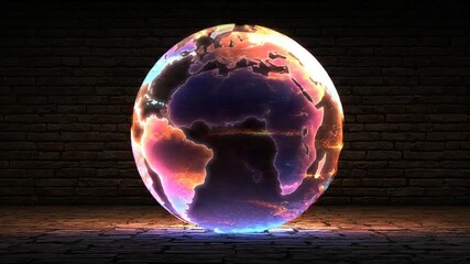 Abstract digital animated globe displaying earths continents in glowing energetic detail - Powered by Adobe