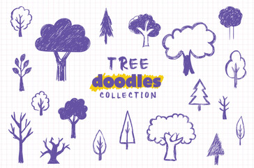 Hand-Drawn Tree Doodle Collection on Grid Paper &ndash; Whimsical Nature Sketches for Creative Design