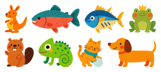 PNG Colorful cartoon animal illustrations, element set on transparent background