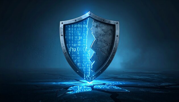 Metallic shield cracked, revealing bright blue binary code on a cracked floor, illuminated against a dark blue backdrop