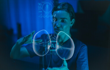 Doctors and the medical revolution on virtual screens and technological advancements Artificial Intelligence (AI) Deep Learning for future medical research and health technology.