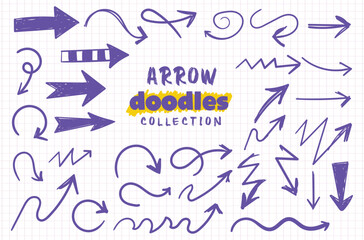Hand Drawn Arrow Doodles Icon Collection - Purple Line Art Directional Sketch Vector Set