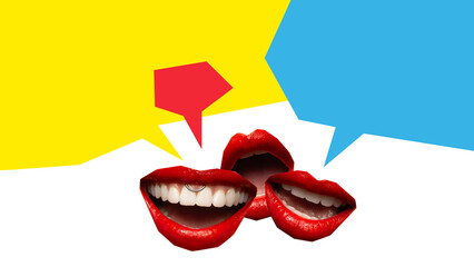 Minimalist pop art collage. Three red lips with speech bubbles symbolizing group conversation and emotion. Concept of communication, humor, teamwork for PR, media, and creative content design.