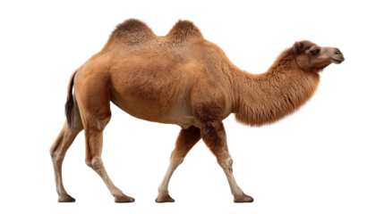 Magnificent Camel's Journey: A majestic camel, adorned with a warm, sandy coat and a distinct hump, strides confidently across an arid landscape, a symbol of resilience and the vastness of the desert.