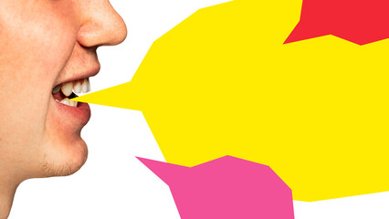 Creative collage. Profile view of man talking with bright speech bubbles symbolizing communication....