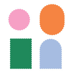 Set of four colorful, scalloped-edge geometric shapes on a white background