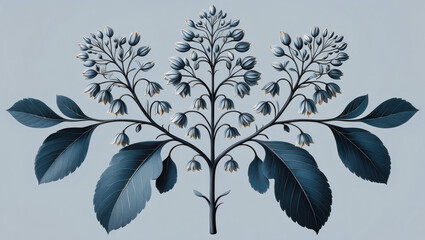A minimal botanical artwork featuring elegant blue leaves and gentle flowers on a soft backdrop. Perfect for modern design, floral background, wallpaper, or interior decor.
