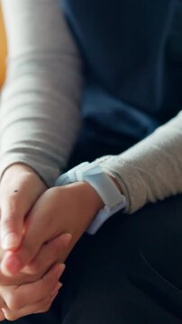 Nurse, hands and nervous for mistake, stress and fidget with anxiety with medical career at clinic. Person, healthcare professional and fingers with mental health, worry and frustrated at hospital