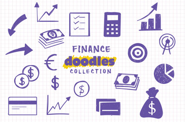 Hand Drawn Finance Doodles Icon Collection - Purple Money and Business Sketch Vector Set