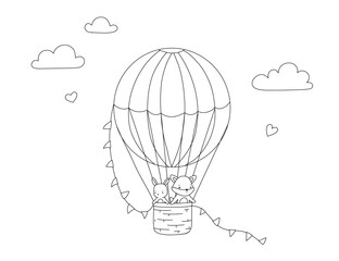 Obraz premium Cute illustration for coloring book with hot air balloon, baby animal. Bunny and fox outline sketch