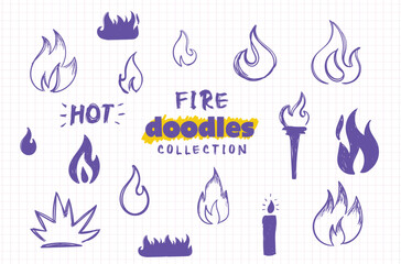 Hand Drawn Fire Doodles Icon Collection - Purple Flame and Hot Sketch Vector Set