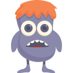 Cute Purple Cartoon Monster With Orange Hair And Big Eyes Standing On Transparent Background