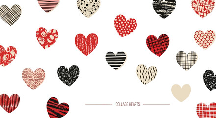 Charming collection of decorative hearts, each adorned with unique patterns and textures, creating a playful and romantic backdrop for various design projects and heartfelt messages