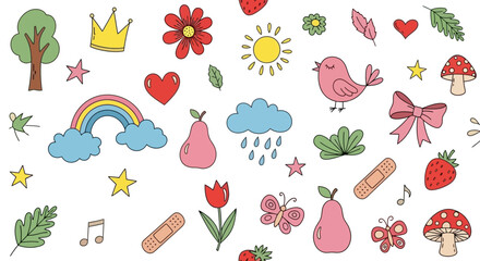 Delightful collection of hand-drawn whimsical elements, featuring nature, cute objects, and symbols of joy, perfect for creative projects and adding a playful touch