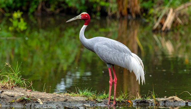 Sarus Crane stands in shallow water near lush greenery, showcasing its striking red head and graceful form