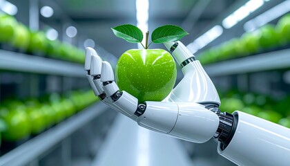 Robot arm holding a green apple with leaves, with rows of blurry green apples in the background