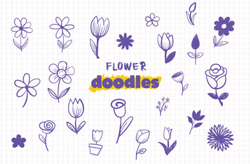 Hand Drawn Flower Doodles Icon Collection - Cute Purple Floral Sketch Vector Set