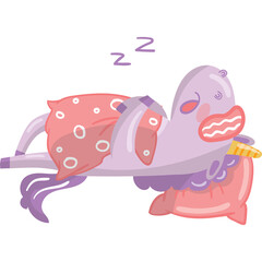 Cute purple creature with pink polka dot blanket sleeping peacefully on a pink pillow hugging a yellow cone in a soft dreamlike state with zzz symbol above