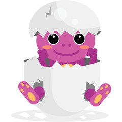 Cute Purple Dinosaur Hatching From White Egg with Pink Toes and Black Eyes Smiling Joyfully on a White Background with Shadow