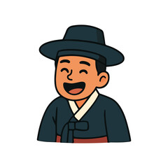 Happy korean man laughing joyfully. Smiling man wearing traditional hanbok outfit.